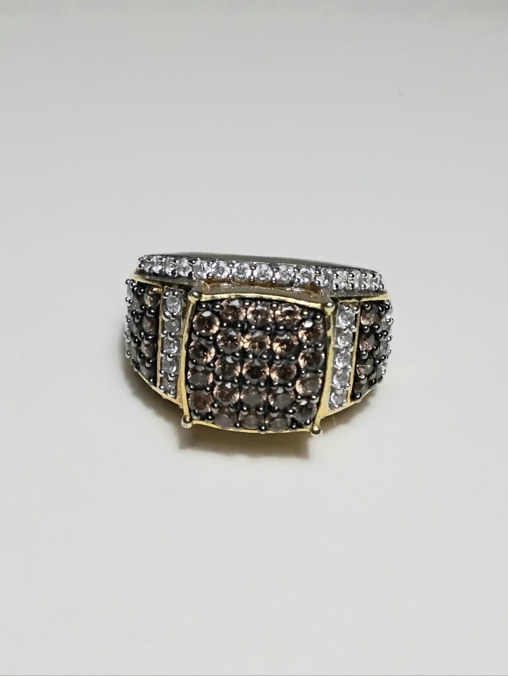 925 Silver Chocolate & Champagne Stone Cocktail Ring Sz 8-1/2